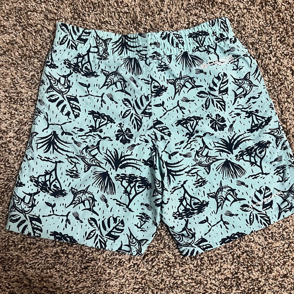 Columbia Kids Light Blue Swim Trunks with Navy Print